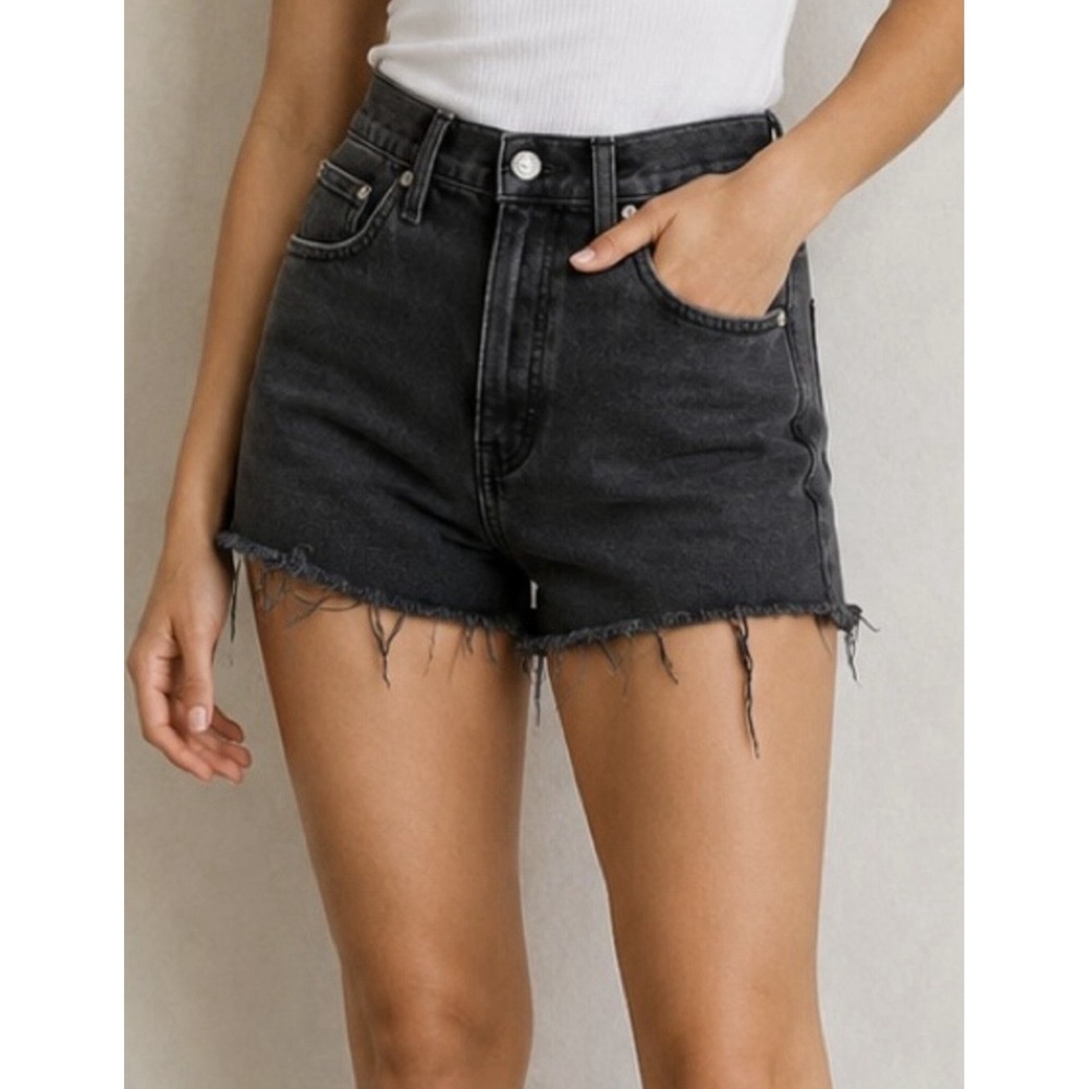 Madewell Size 26 High-Rise Denim Shorts Black Raw‎ Hem Distressed 4" Inseam